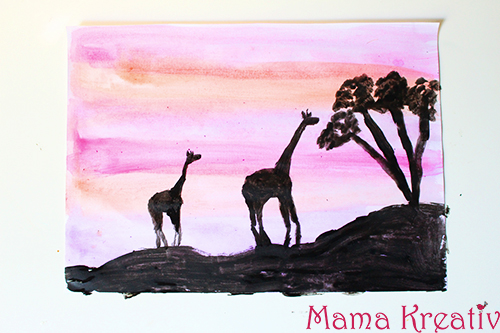 African Painting and Art For Kids. Sunset and Giraffes. Afrika malen mit Kindern. Afrikanische Kunst. Malen und Basteln im Kindergarten Sonnenuntergang und Giraffen